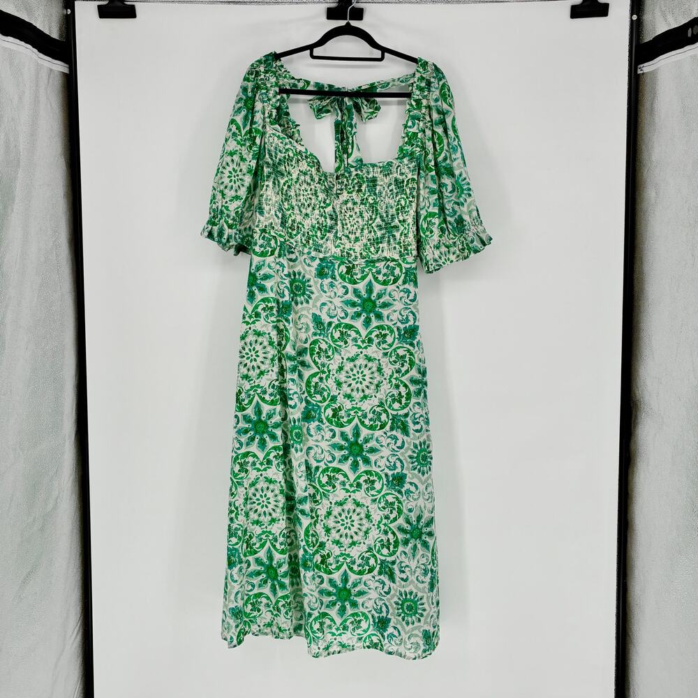 NWT Anthropologie Green Print Puff-Sleeve Smocked Midi Dress - Plus Size 2X